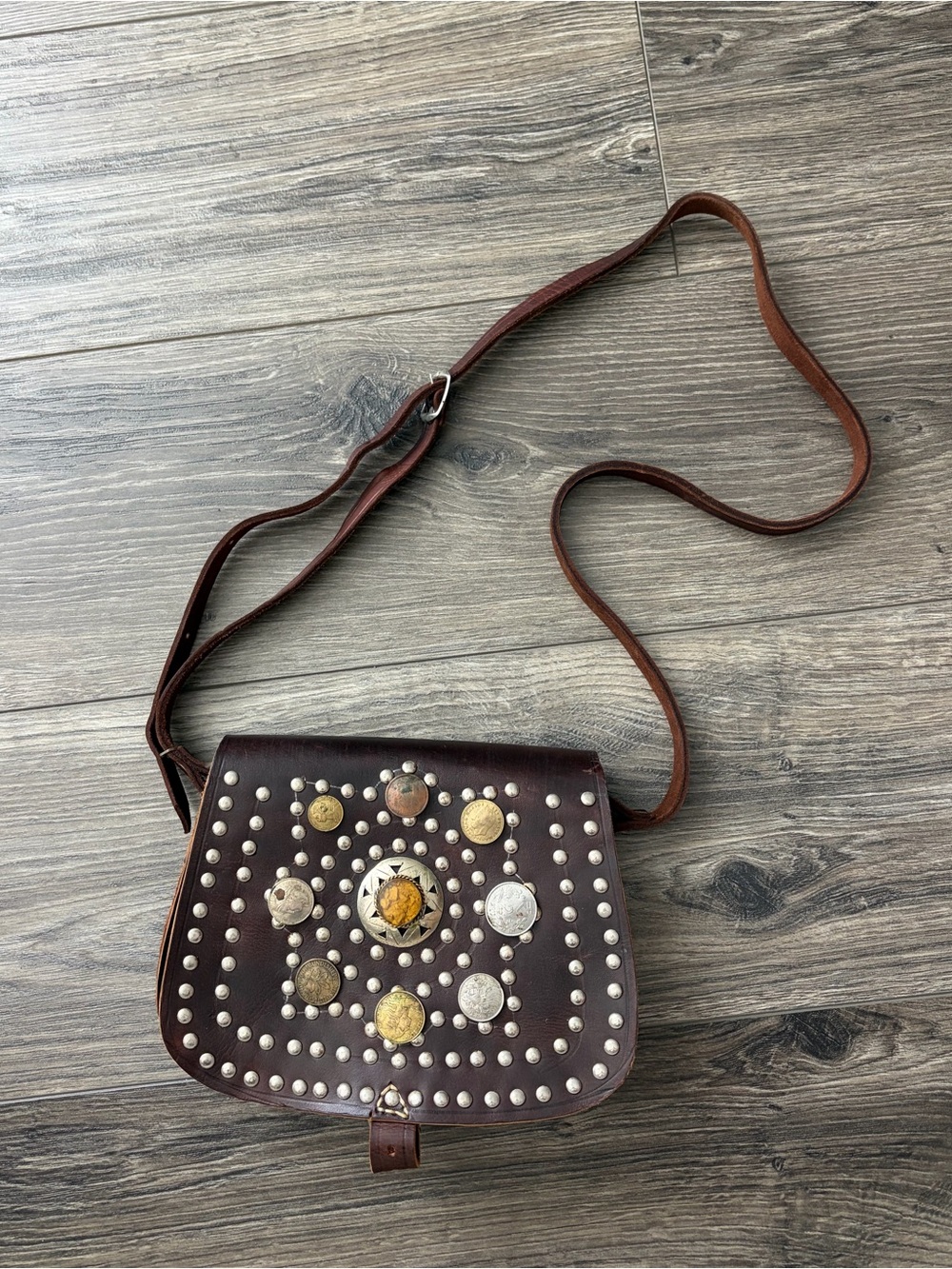 Vintage Genuine Leather Coin and Stone Studded Crossbody Saddle Bag